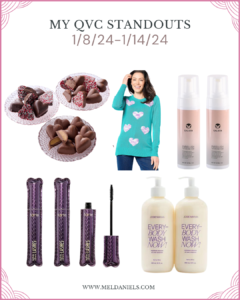 QVC standouts from 1/8-1/14/2024. Brands include landies candies, Kim gravel sweater, Calista, taste, and Josie Maran.