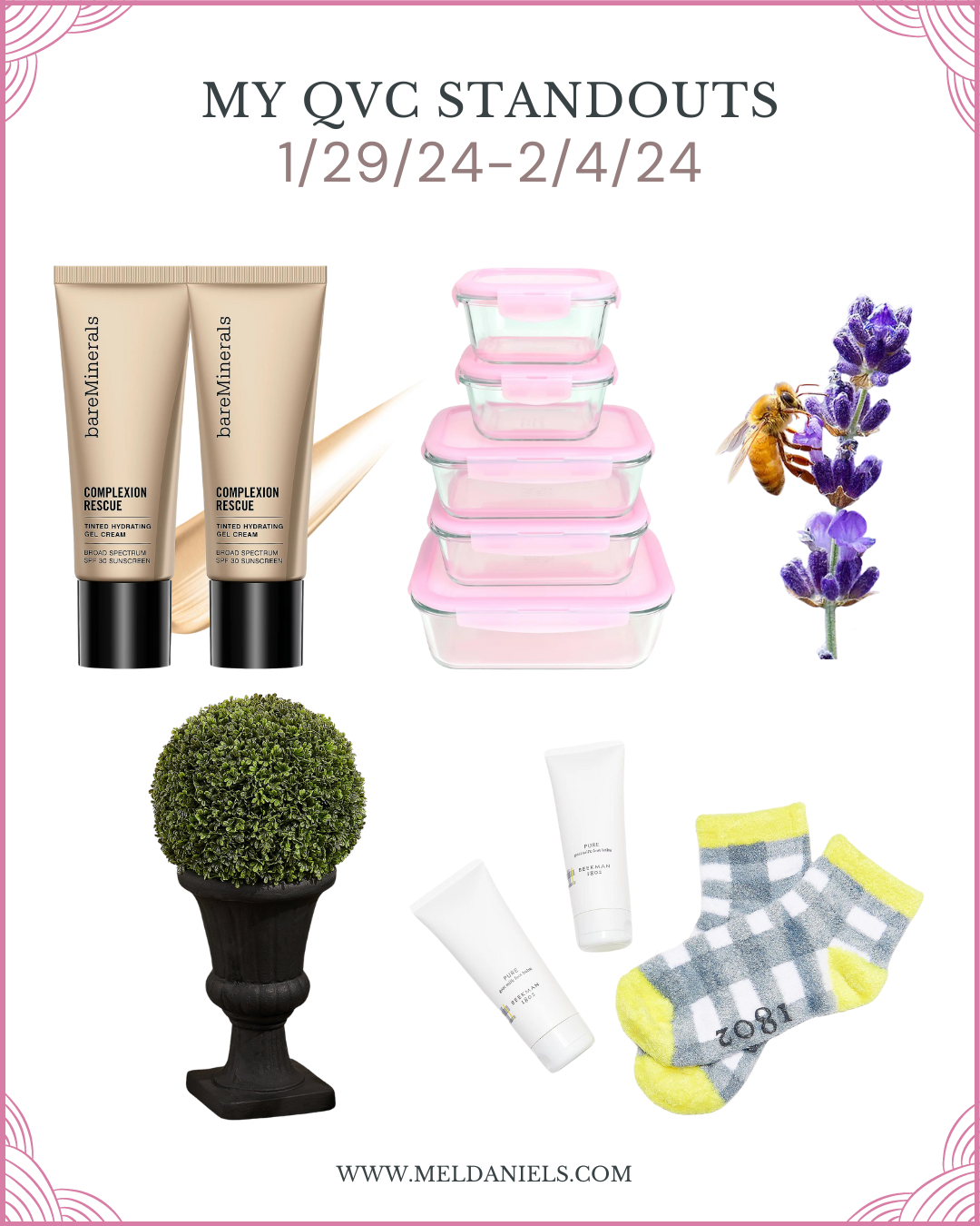 collage of qvc items, including bare minerals foundation, storage containers for food, lavender plant, artificial topiary, and Beekman 1802 foot balm