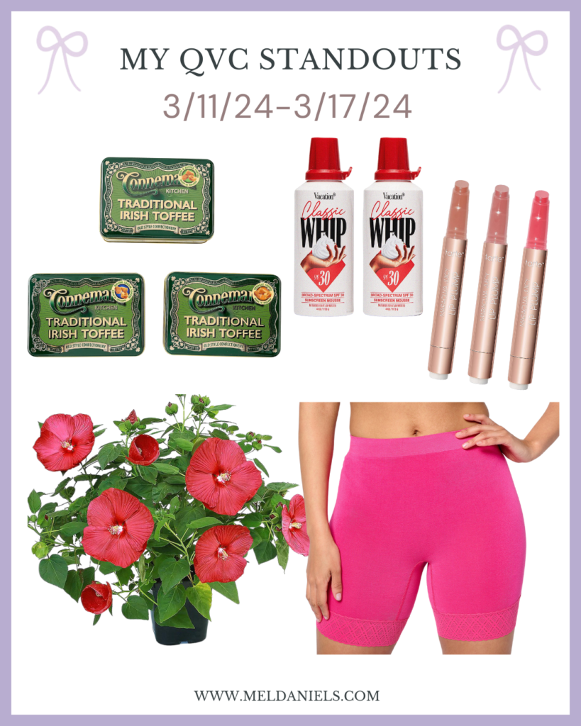 collage of items from QVC, including candy, sunscreen, lip products, a plant, and underwear