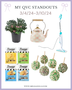 collage of qvc finds, including a crape myrtle bush, a teapot, steamer mop, dewey's cookies, and caramel apples