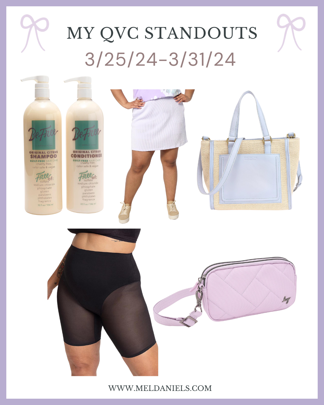 qvc items including shampoo and conditioner set, a skort, a leather bag, shape wear, and a waist bag